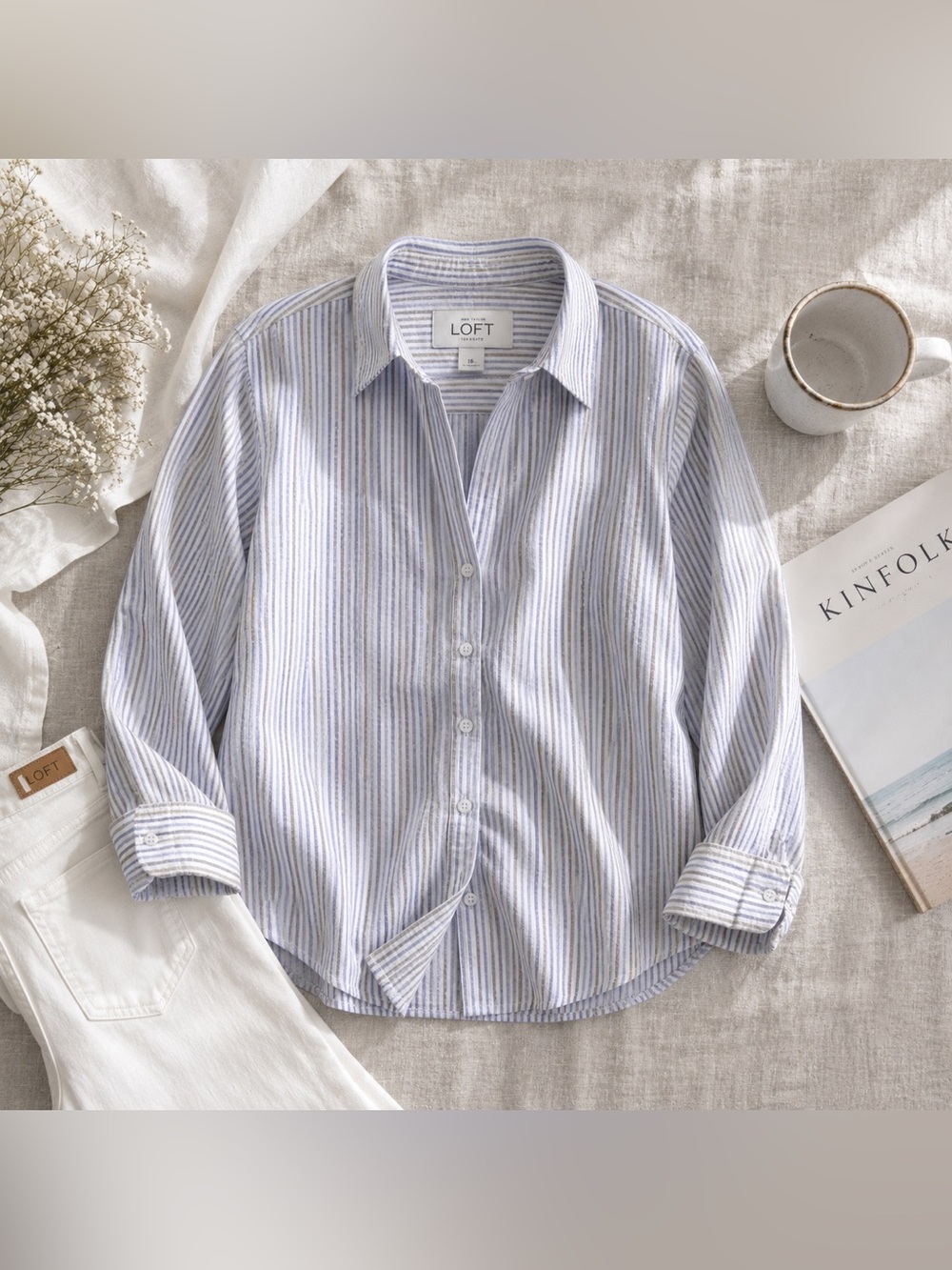LOFT Ann Taylor Blue White Striped Button Down Shirt Coastal Preppy Size 16